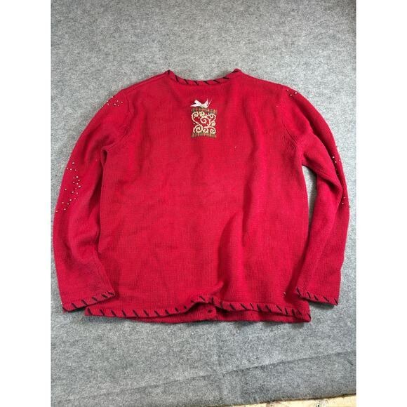 VTG Studio Joy Christmas Cardigan Women M Red Knit Beaded Patchworks Grandma 90s - Picture 2 of 10